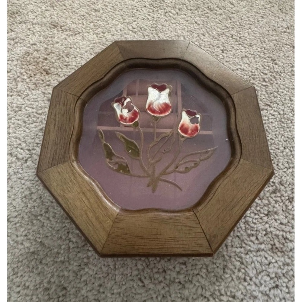 Vintage Octagon Wooden Jewelry Box Tulip Stained Glass Lid Pink Velvet Lining